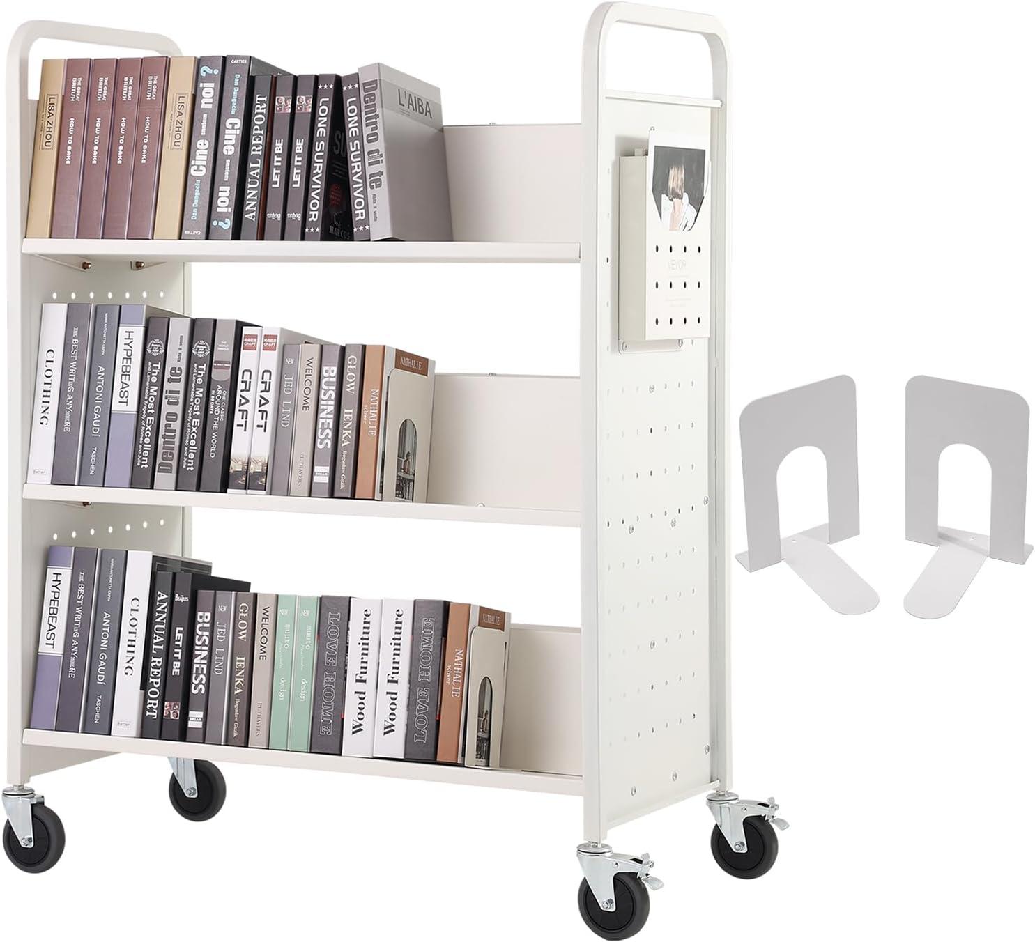 White Double-Sided Rolling Book Cart with Lockable Wheels