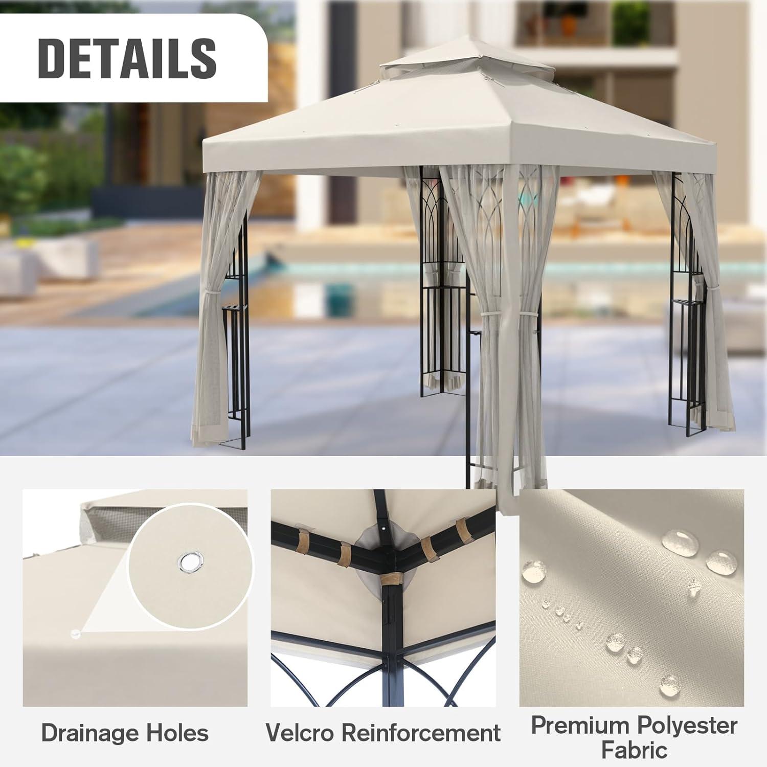 COOS BAY 8 Ft. W x 8 Ft. D Steel Frame Vented Soft Top Patio Gazebo with Mesh Netting, Corner Shelves