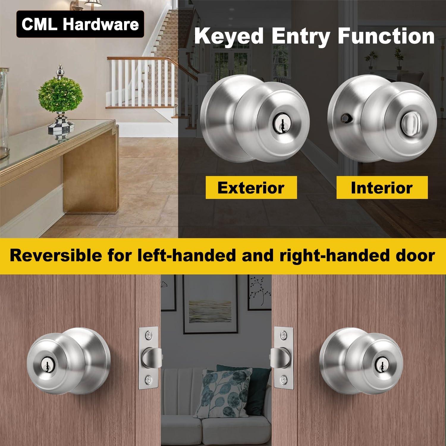 Entrance door handle kit with key, entrance door lock with solid stainless steel outside and inside, ball handle, 1 piece