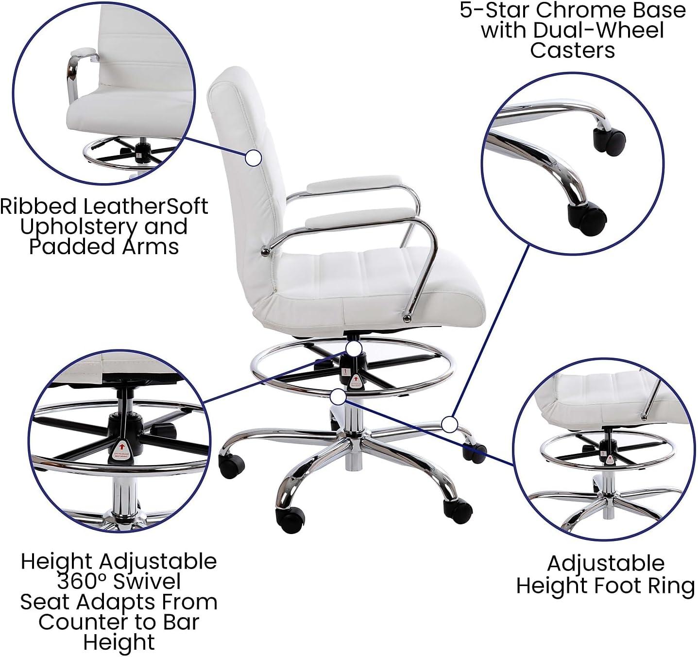 Modern White LeatherSoft Swivel Drafting Chair with Chrome Base