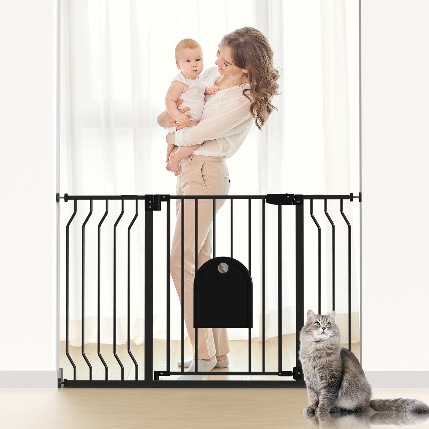 Baby Gates with Cat Door - Auto Close 29.5"-48.4" Safety Metal Dog Pet Gate for Doorway, Stairs, House, Walk Through Child Gate with Pet Door, includes 4 Wall Cups and 2 Extension Pieces