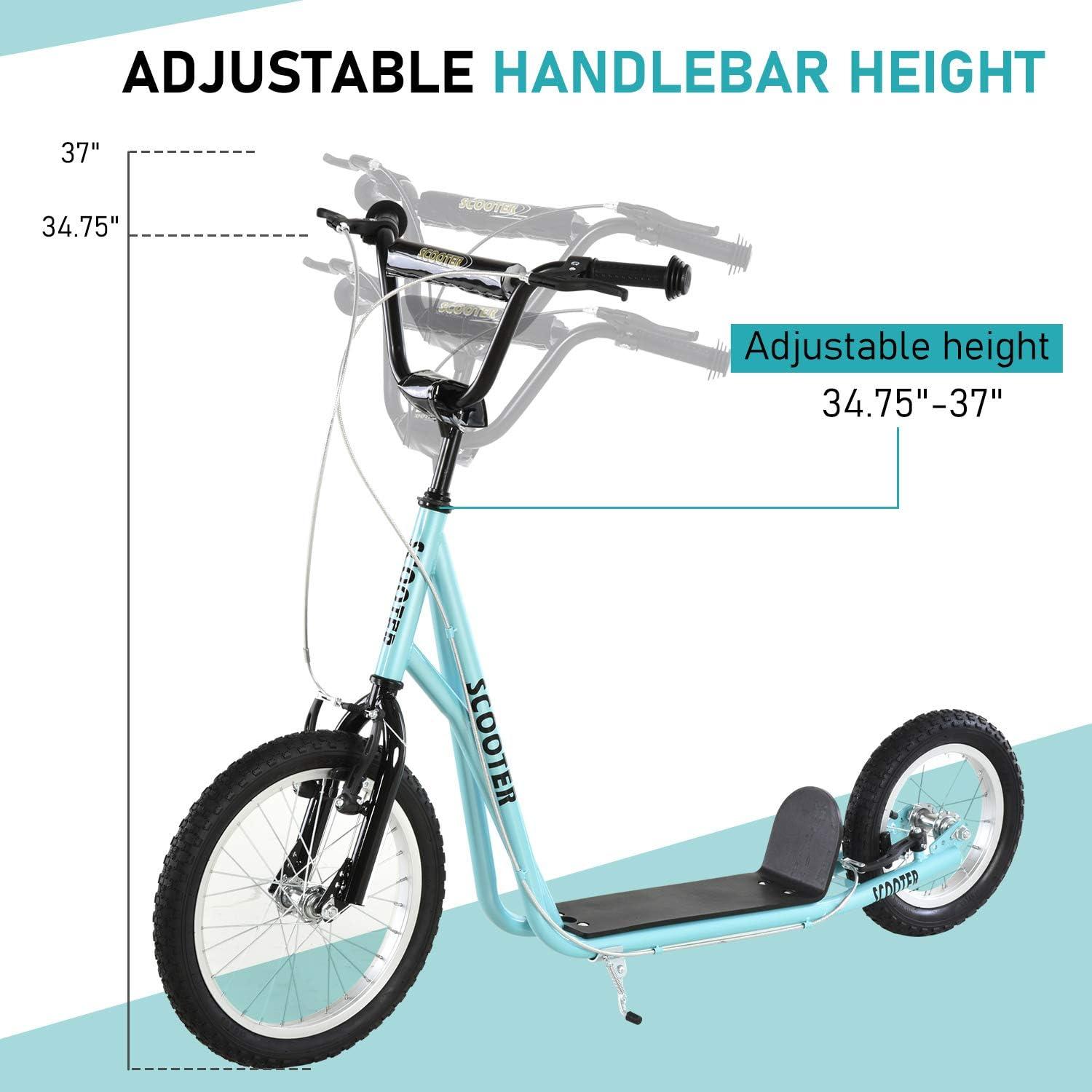 Aosom Youth Scooter, Teens Kick Scooter, Adjustable Handlebar Ride On Toy for 5+ with 16" Front and 12" Rear Dual Brakes Inflatable Wheels