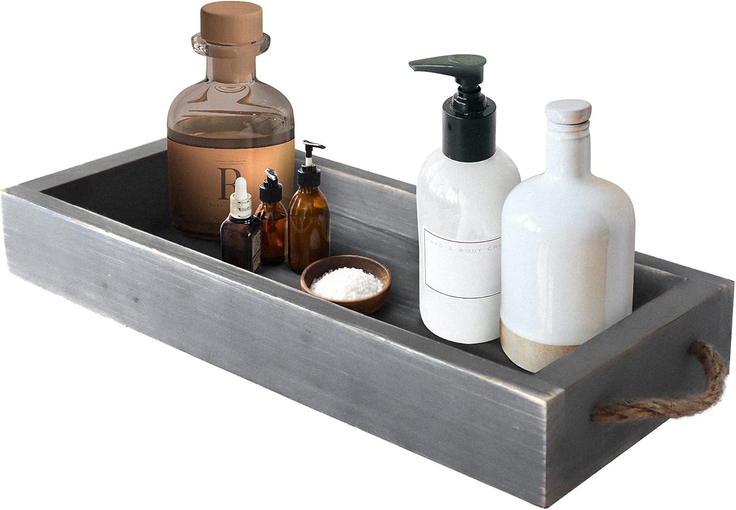 Yellow Lotus Bathroom Vanity Tray with Handles - Bathroom Counter Organizer Wood Tray