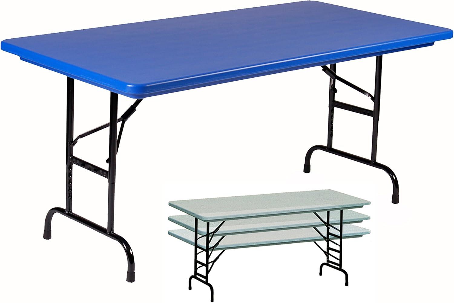 Correll BLUE Commercial Duty, Adjustable Height Plastic Top Folding Table. Height Adjusts from 22" to 32" for Kindergarten to Adult use.