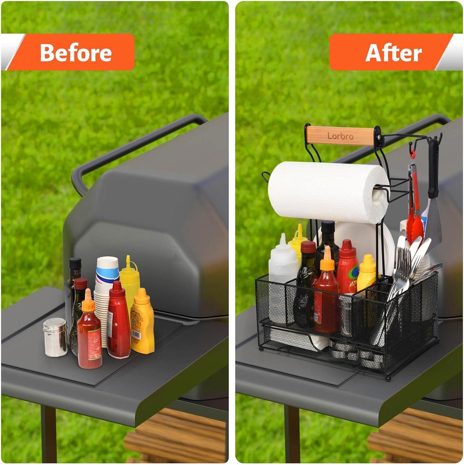 AMADA Large BBQ Utensil Storage Box With Drawer, Picnic Camping Storage Box With Paper Towel Holder, BBQ Tool Storage Box, Ideal Storage Box For Picnic Condiments And Outdoor Grill Accessories