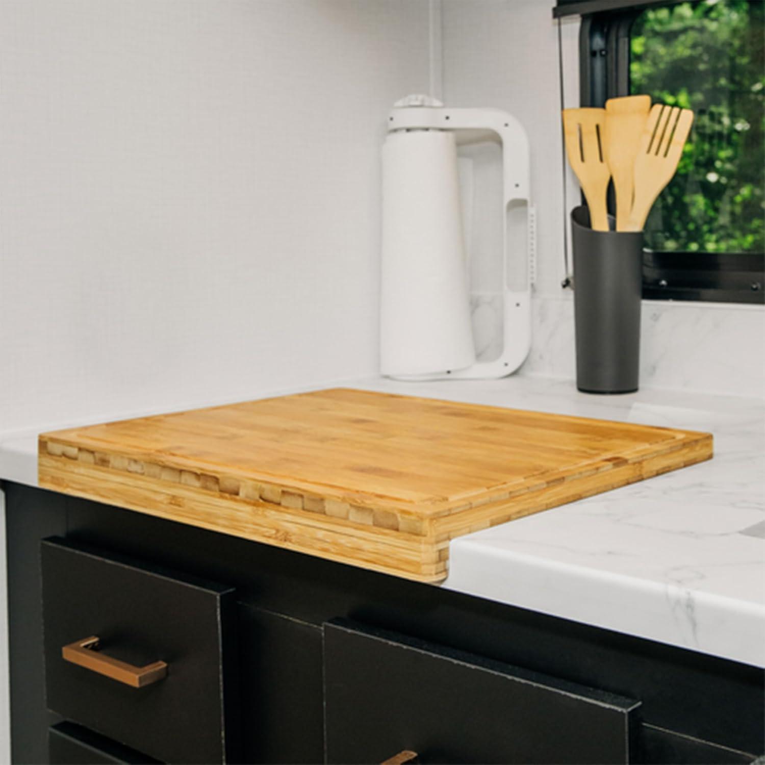Camco Camper/RV Bamboo Cutting Board | Features Built-In Counter Edge & Juice Groove | Measures 18-inches x 14-inches x 1-3/4-inches (43545)