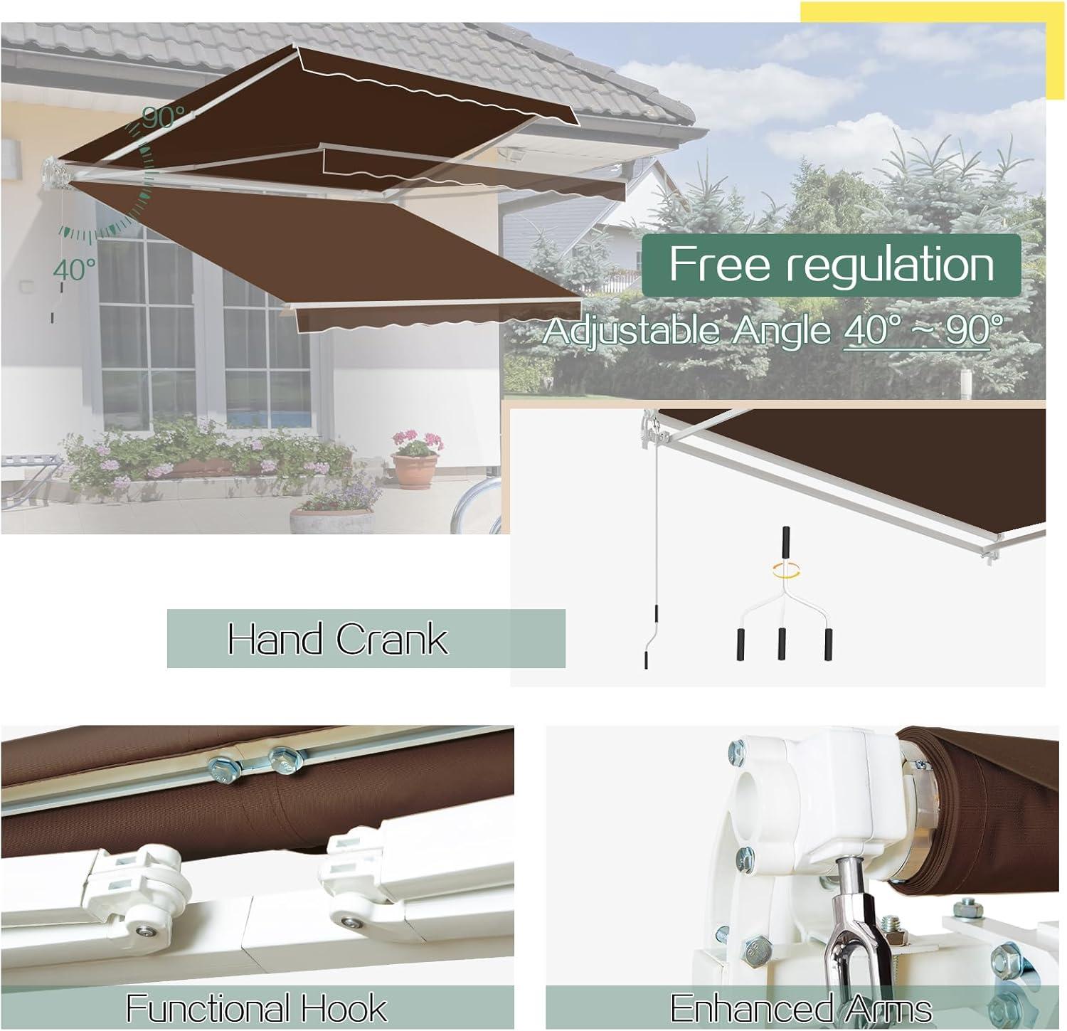 Brown 10'x8' Retractable Patio Awning with Aluminum Frame