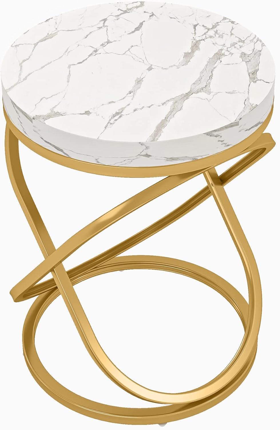 Round End Table, 26 Inches White and Gold Faux Marble Top Nightstands Sofa Side Table with Double X-Shaped Ring Unique Design for Livingroom Bedroom