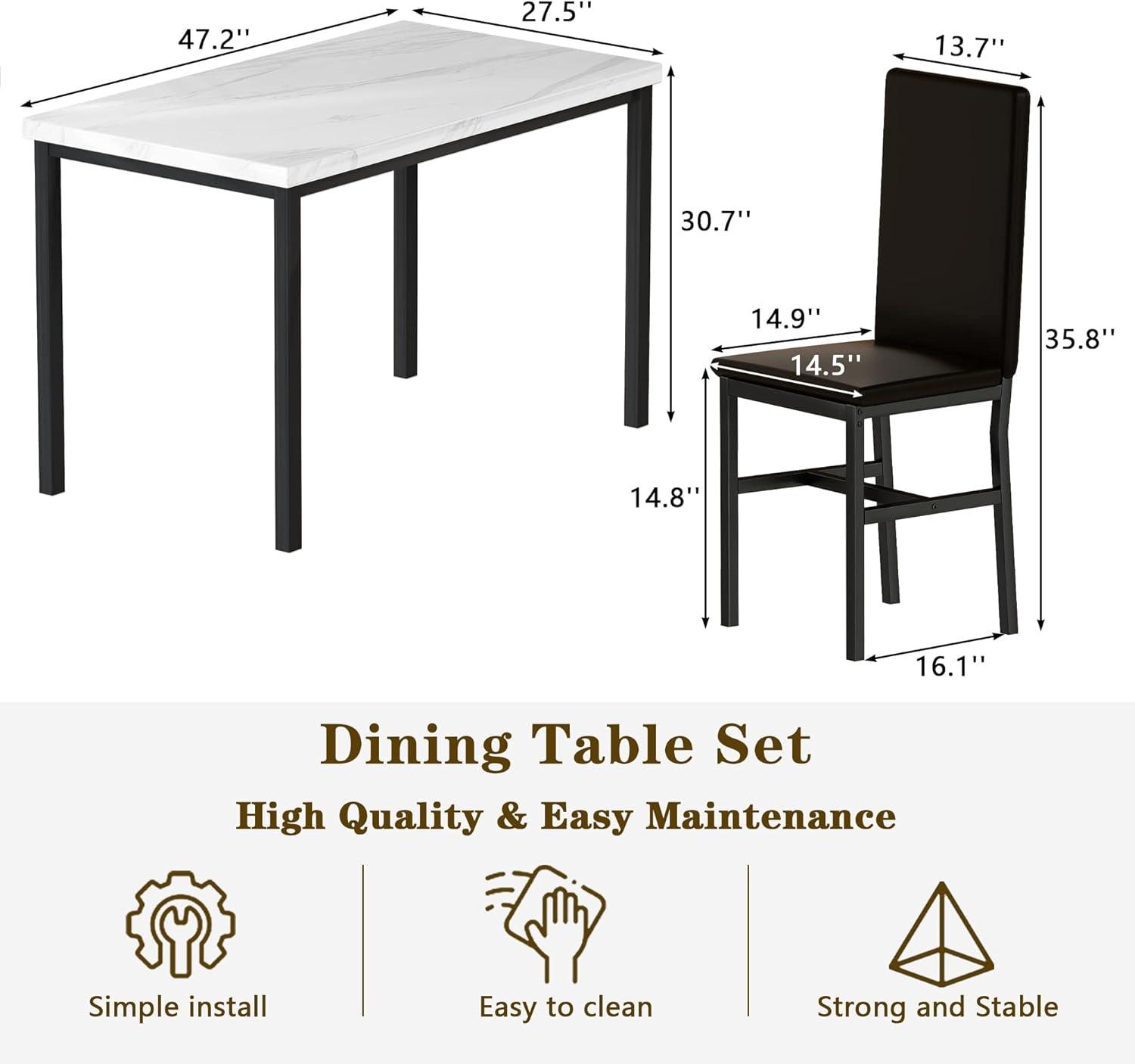 5 Piece Dining Set, Modern Dining Table and Chairs Set for 4, Kitchen Dining Table Set with Faux Marble Tabletop and 4 PU Leather Upholstered Chairs, for Small Space, Breakfast Nook, D8835