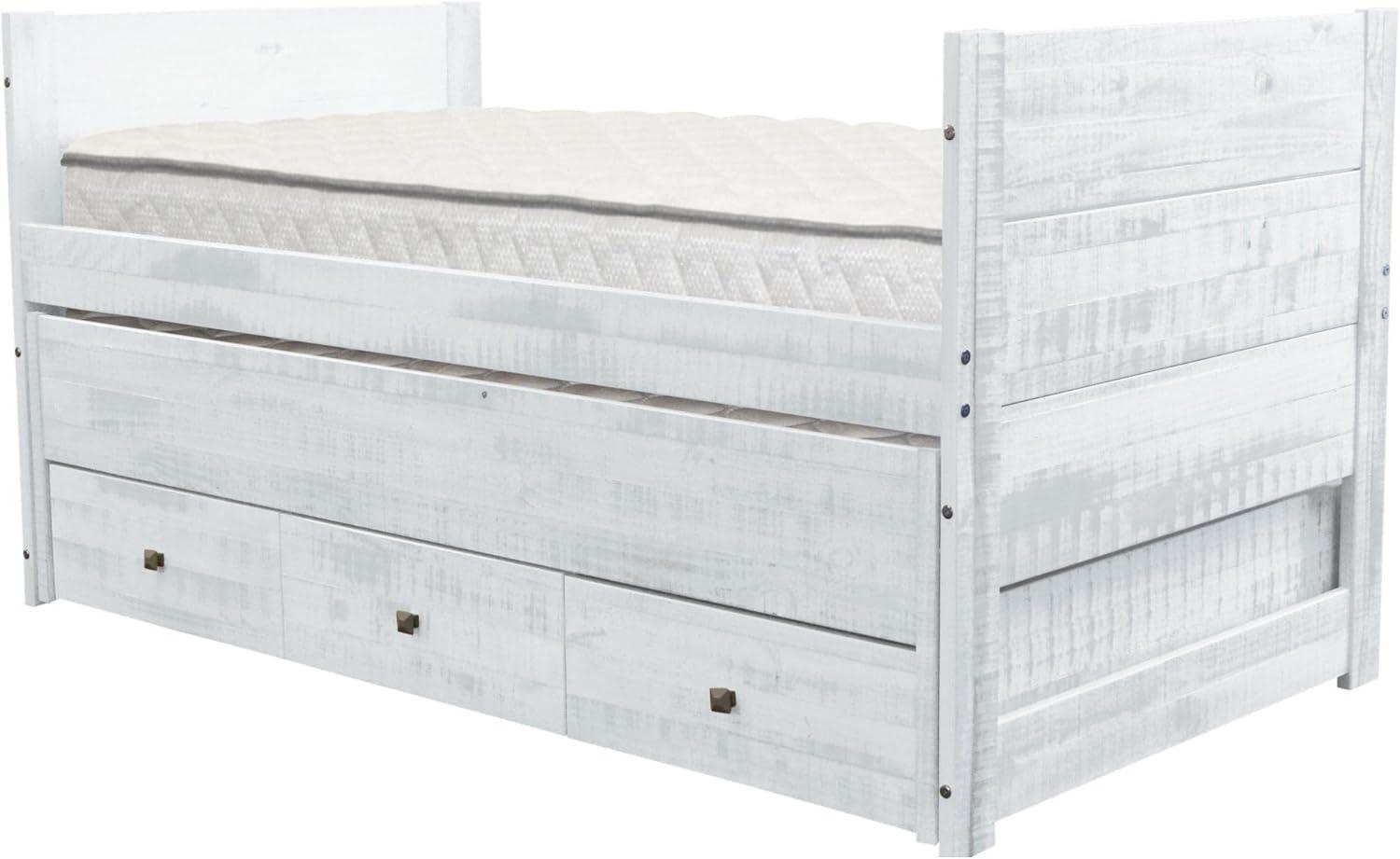 Rustic White Twin Wood Frame Bed with Trundle and Storage Drawers