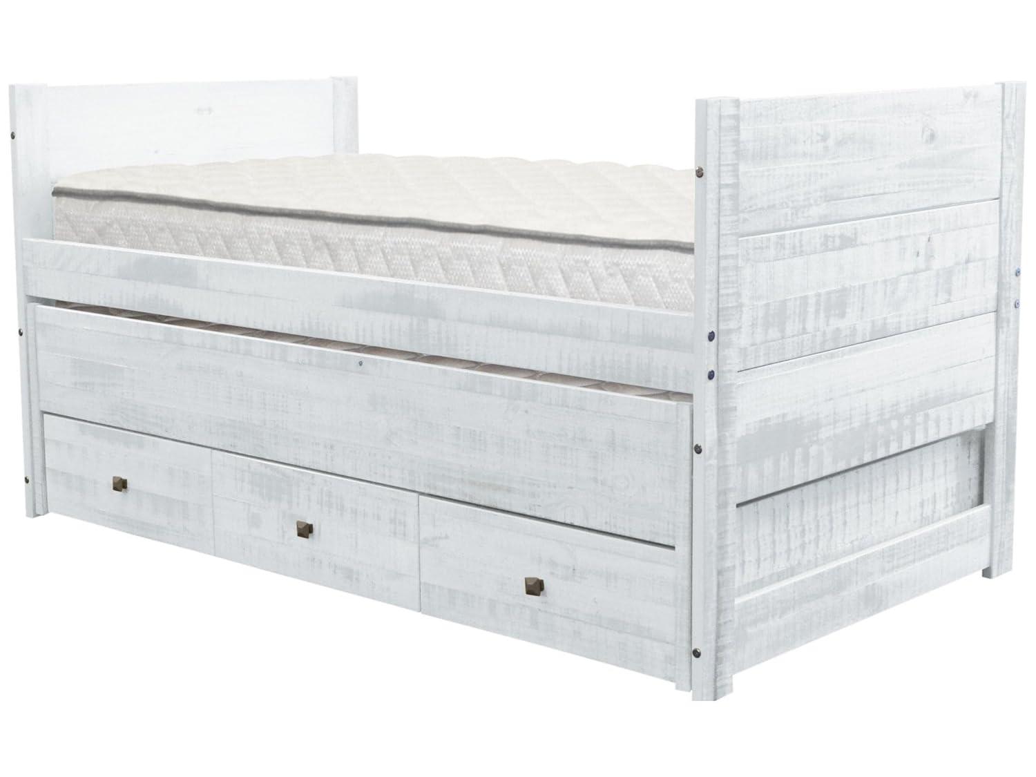 Bedz King Twin Captains Bed with Trundle and 3 Built in Drawers, Rustic White