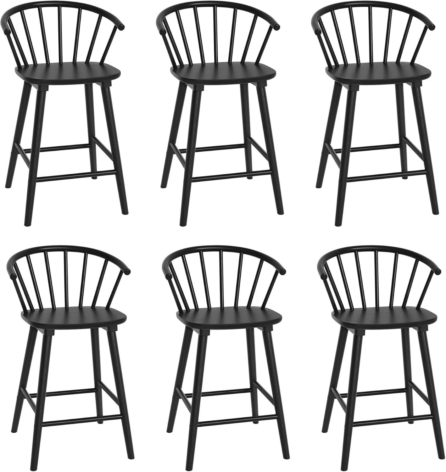Winson Windsor 24 in. Black Solid Wood Bar Stool for Kitchen Island Counter Stool with Spindle Back Set of 6