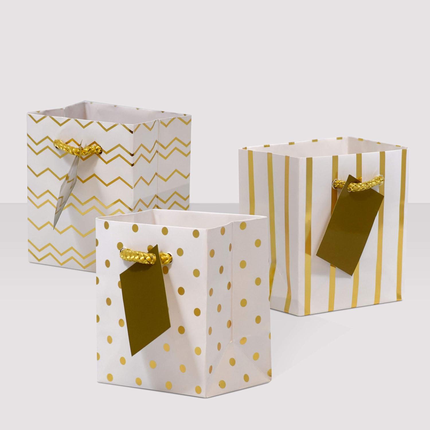 OccasionAll- Paper Metallic Gold Gift Bags with Handles for Party Favours 4x2.75x4.5 12 Pcs