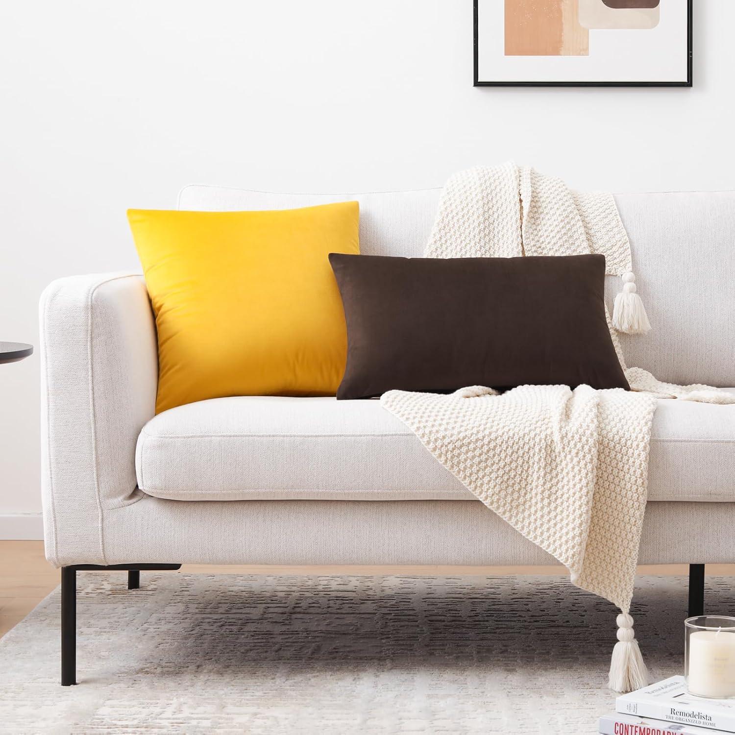 Deconovo Pack of 2 Velvet Pillow Covers Decorative Square Pillowcase Soft Solid Cushion Case for Home Decor Girl's Bedroom, Lemon Yellow, 26 x 26 inch
