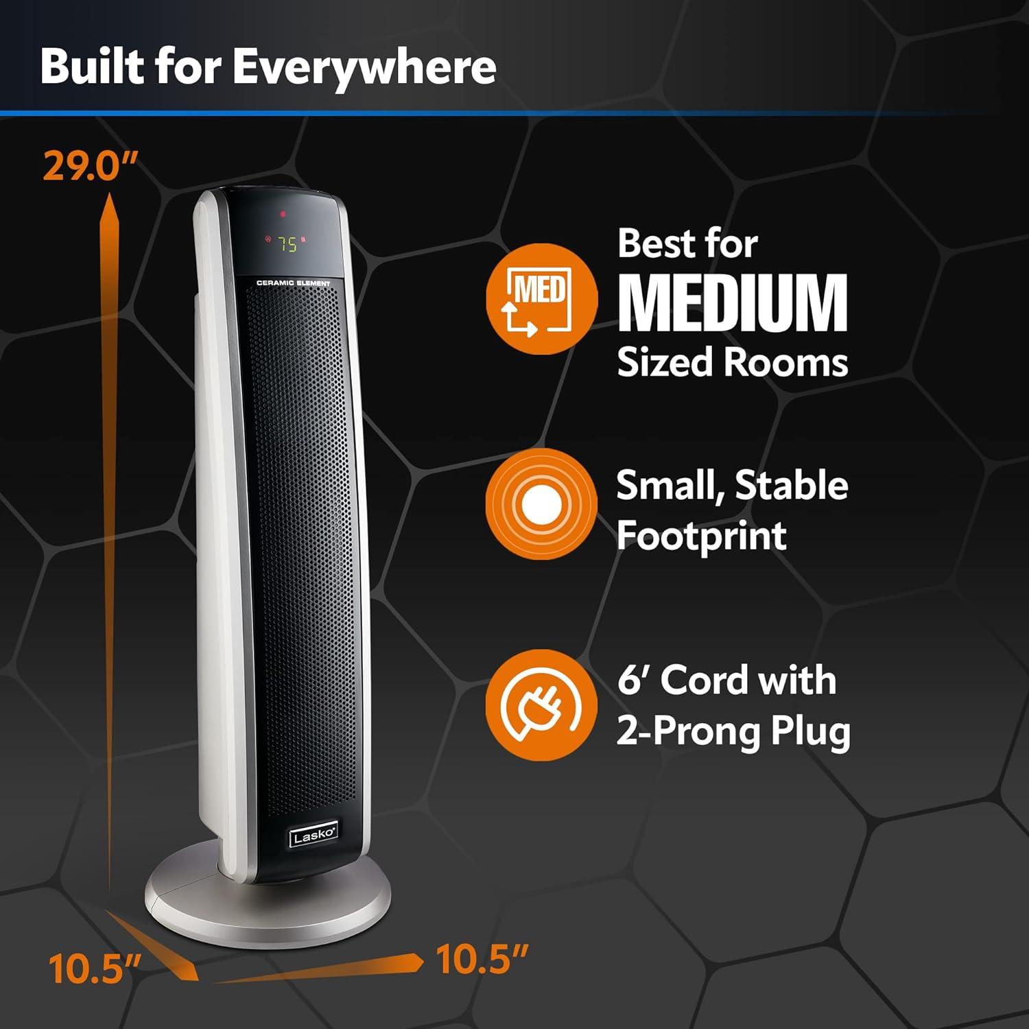 Silver Ceramic Electric Tower Heater with Thermostat and Remote Control
