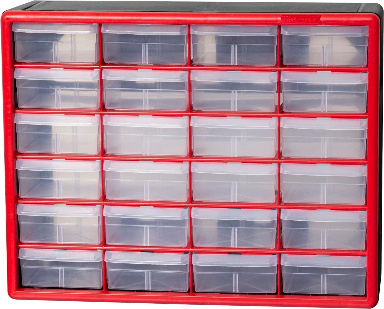 Akro-Mils 24 Drawer Plastic Cabinet Storage Organizer with Drawers for Hardware, Small Parts, Craft Supplies, Red