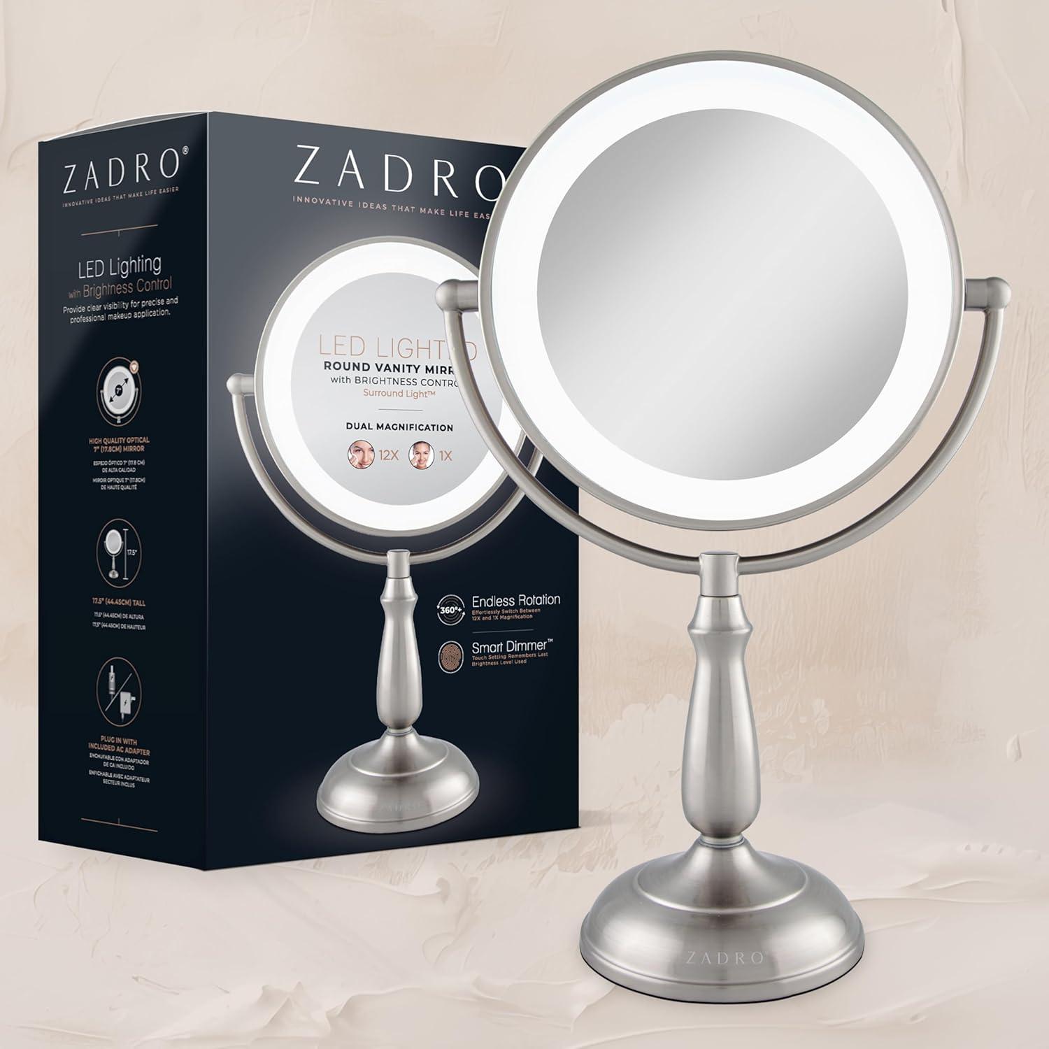 Satin Nickel Round LED Lighted Makeup Mirror with 5X/1X Magnification