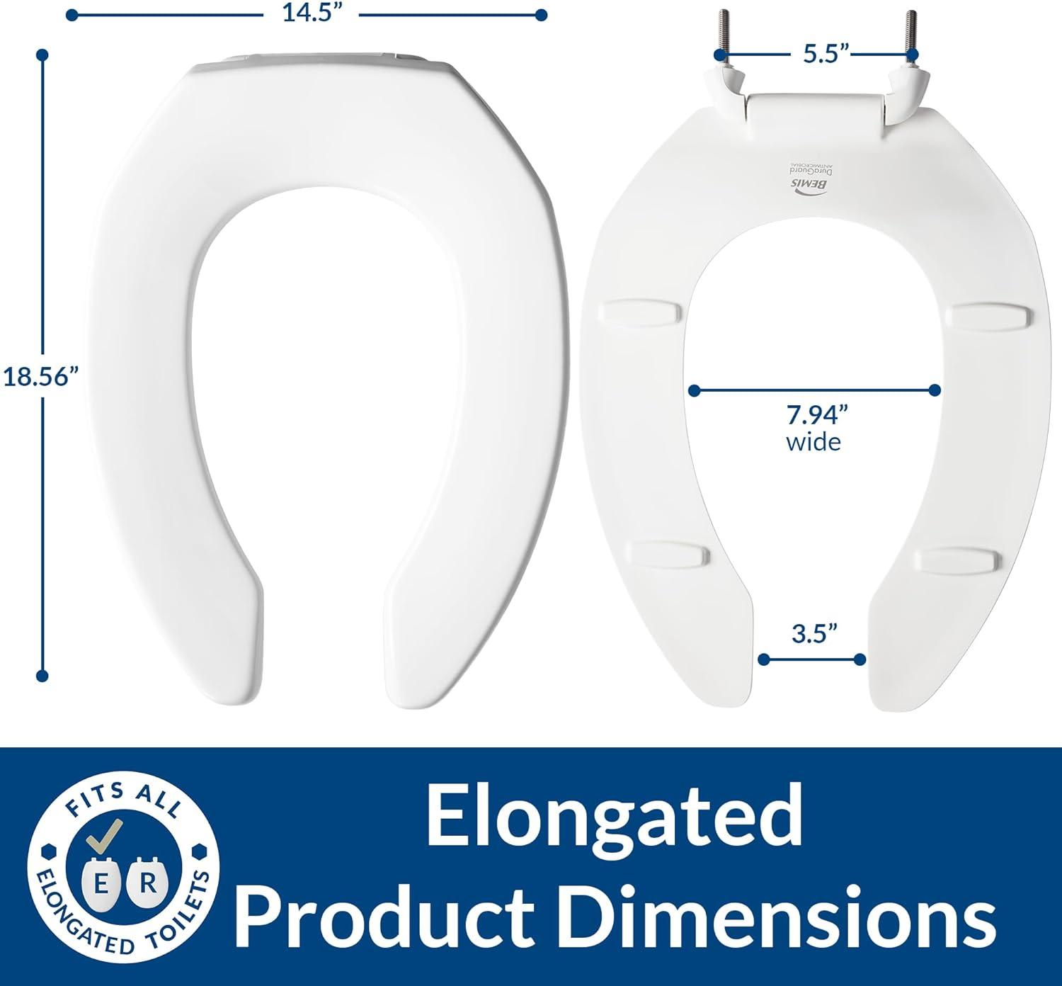 Commercial Heavy Duty Open Front Toilet Seat, Slow Close, Never Loosens, ELONGATED, Plastic, White