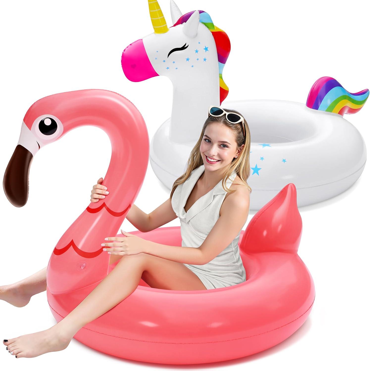 Joyfy 2 Packs Pool Floats Tube, Inflatable Unicorn Flamingo Pool Toys Floaties with Headrest, Pool Swim Ring for Kids Adults Beach Lake Summer Fun