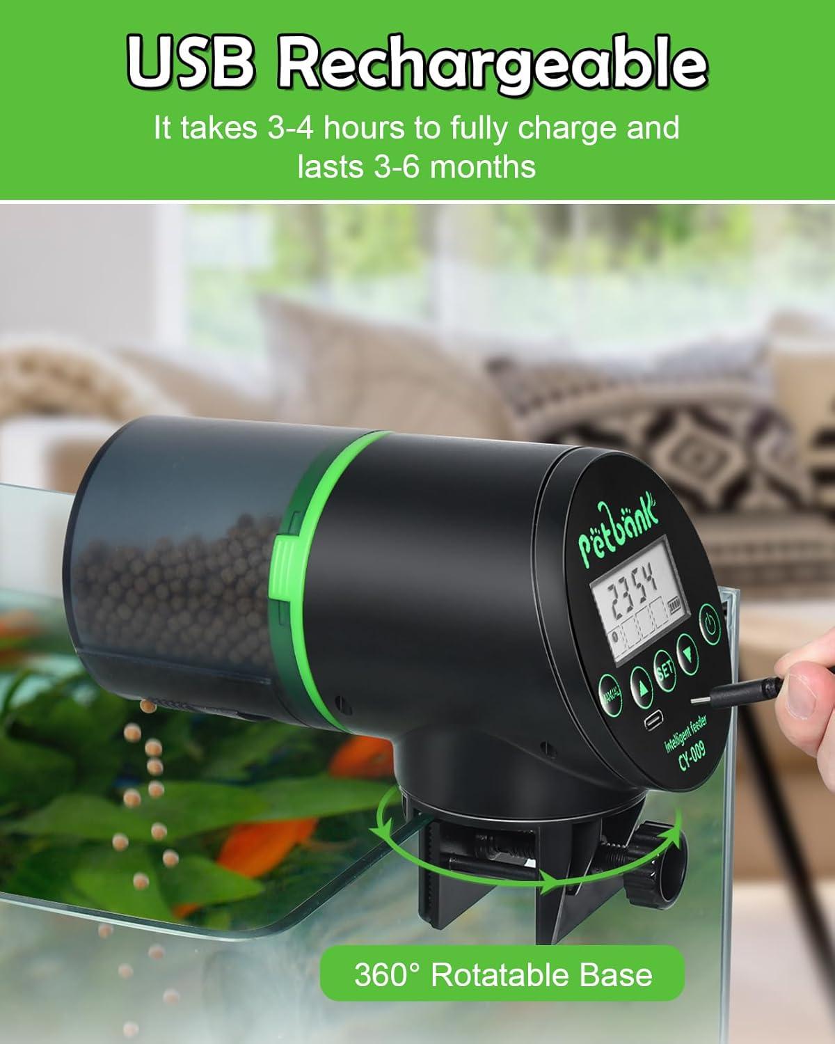 Petbank Automatic Fish Feeder for Aquarium, Auto Fish Food Dispenser with Timer, USB Charging, Green