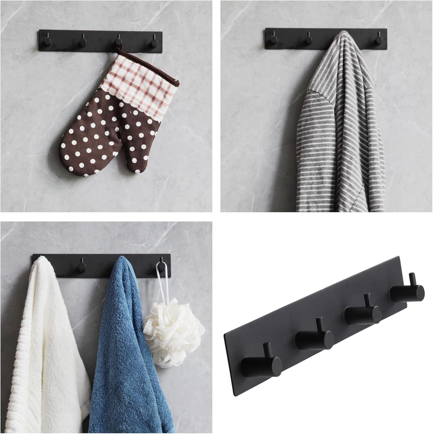 Self Adhesive Towel Hooks for Bathrooms Black Stick on Wall Hooks Bath Adhesive Towel Hanger Peel and Stick Matte Black Shower Hooks for Wall Adhesive Coat Hook for Wall Mount 4 Hooks