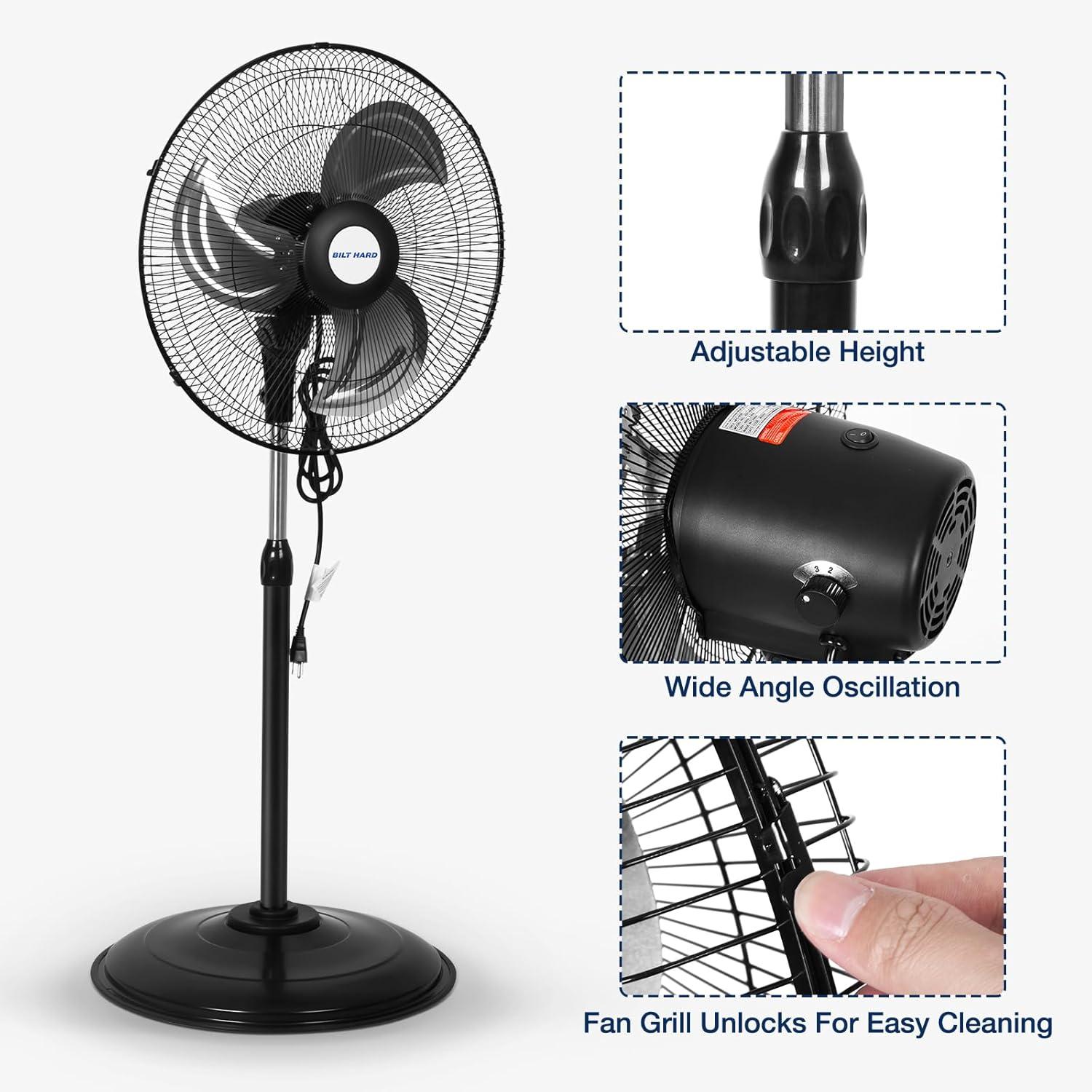 BILT HARD 3900 CFM 18" High Velocity Pedestal Oscillating Fan, 3-Speed Heavy Duty Metal Standing Shop Fan with Aluminum Blades for Commercial, Residential, and Garage, UL Listed