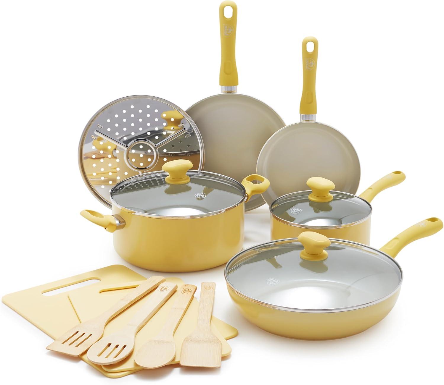 Yellow 15-Piece Nonstick Aluminum Cookware Set with Glass Lids