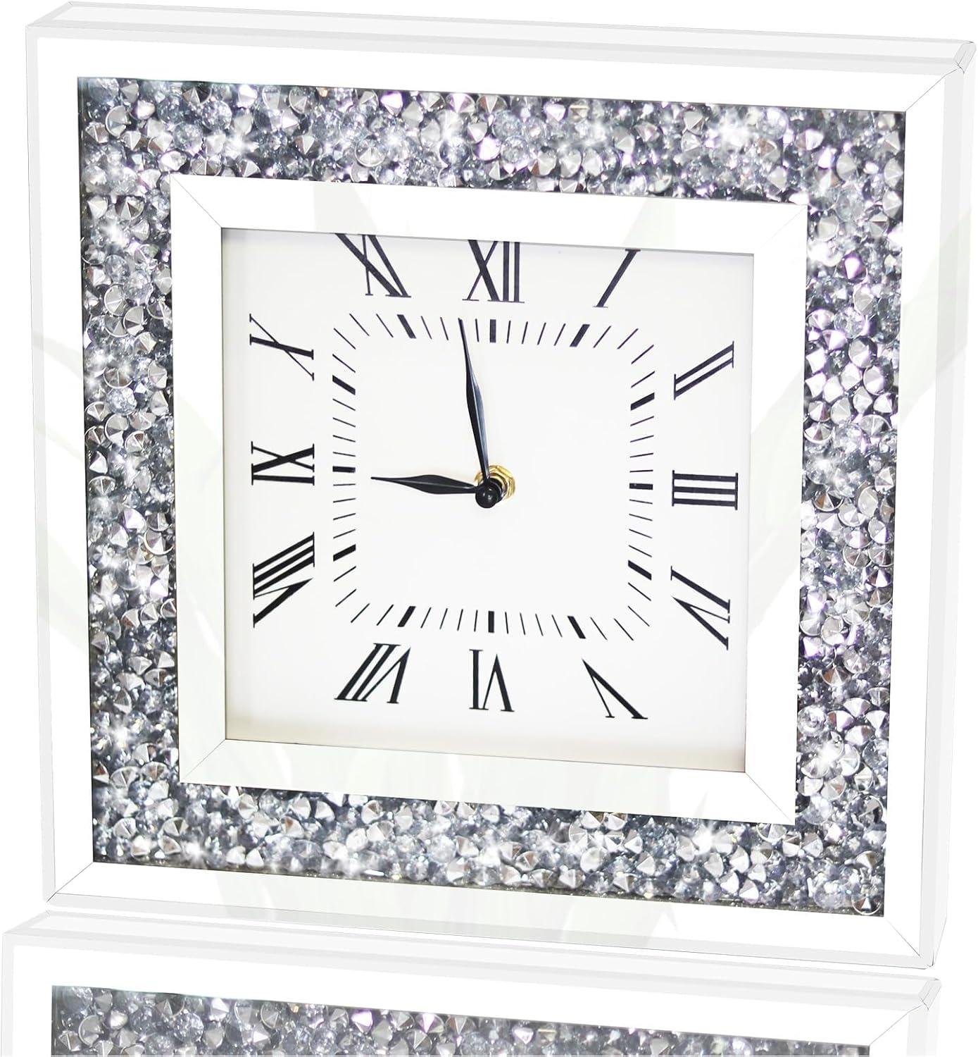 Silver Glass Mirrored Square Wall Clock with Crushed Diamonds