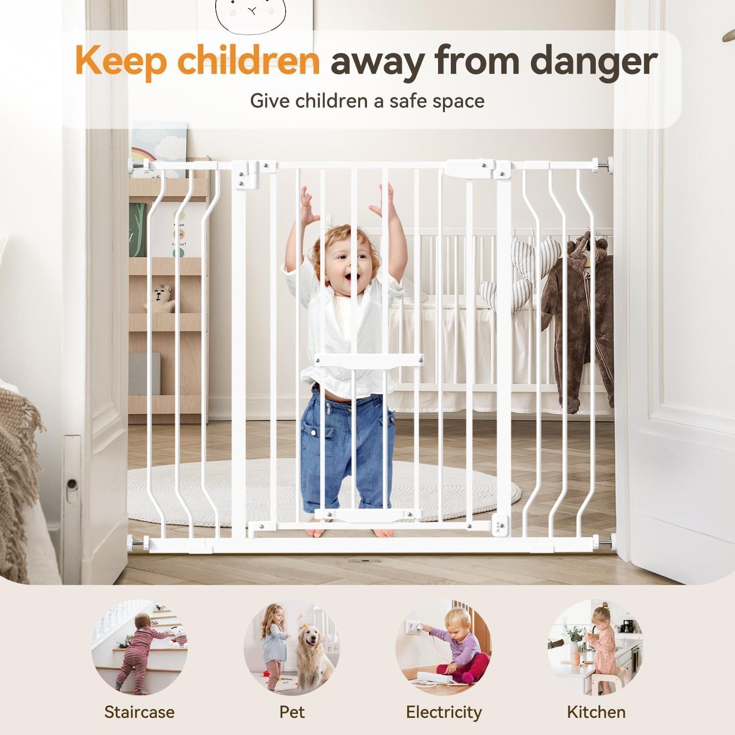 Baby Gates with Cat Door - Auto Close 29.5"-48.4" Safety Metal Dog Pet Gate for Doorway, Stairs, House, Walk Through Child Gate with Pet Door, includes 4 Wall Cups and 2 Extension Pieces