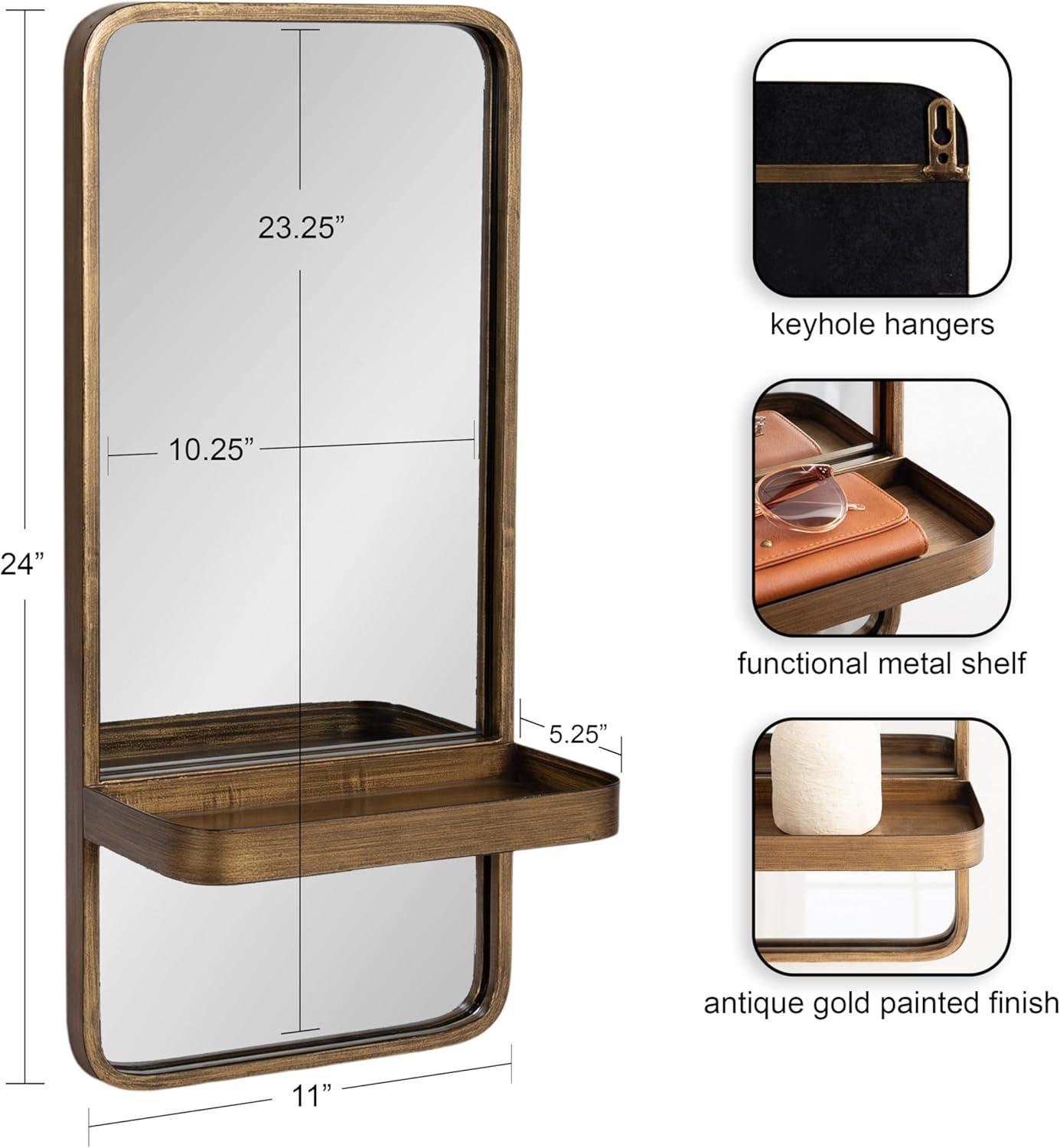 Gold Rectangular Wall Mirror with Shelf, 11 x 24 Inch