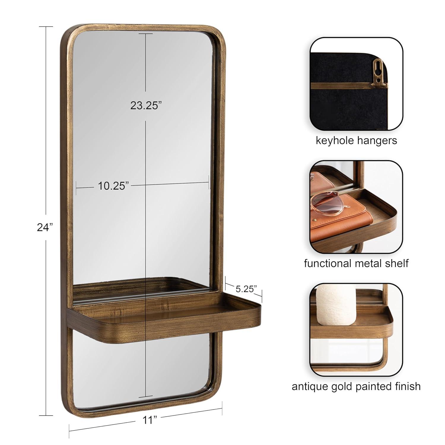 Kate & Laurel All Things Decor 11"x24" Estero Wall Rectangle Mirror with Shelf Gold: Mid-Century Modern, Wall-Mounted Storage