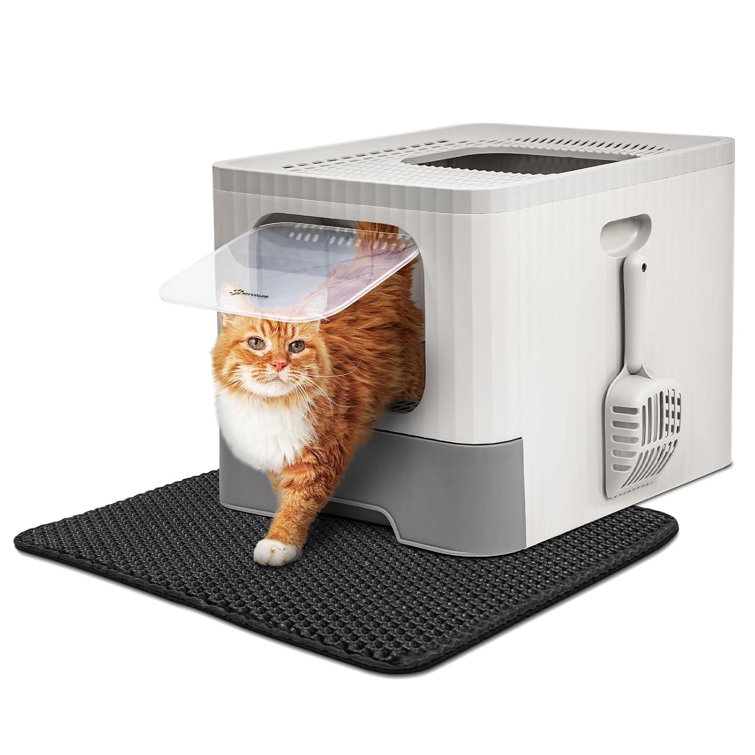 Dextrus Large Enclosed Cat Litter Box with Lid Drawer Type Easy to Clean,with Cushion&Litter Scoop,Gray
