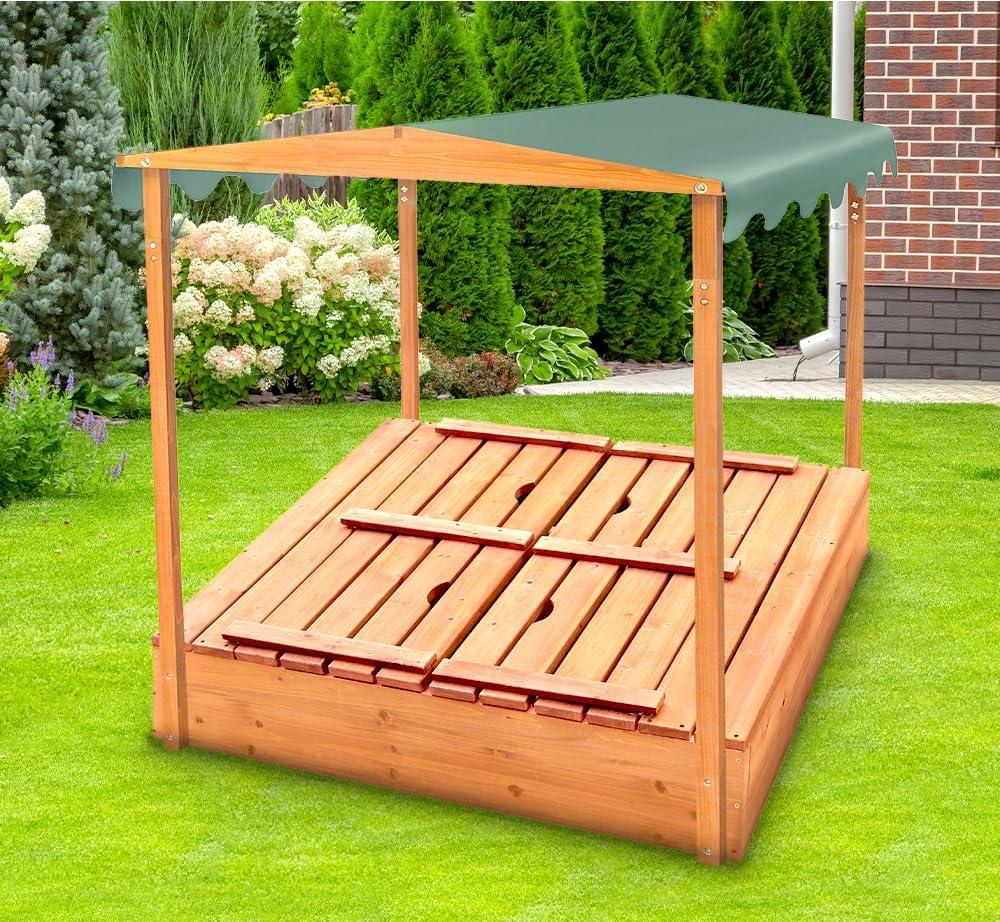 Covered Convertible Cedar Sandbox with Canopy and Two Bench Seats