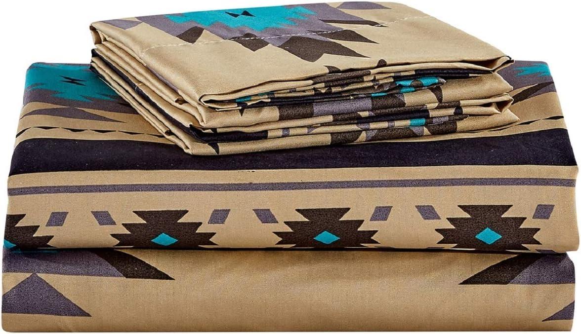 Chezmoi Collection 4-Piece Southwestern Geometric Multicolor Teal Beige Black Gray Sheet Set, California King