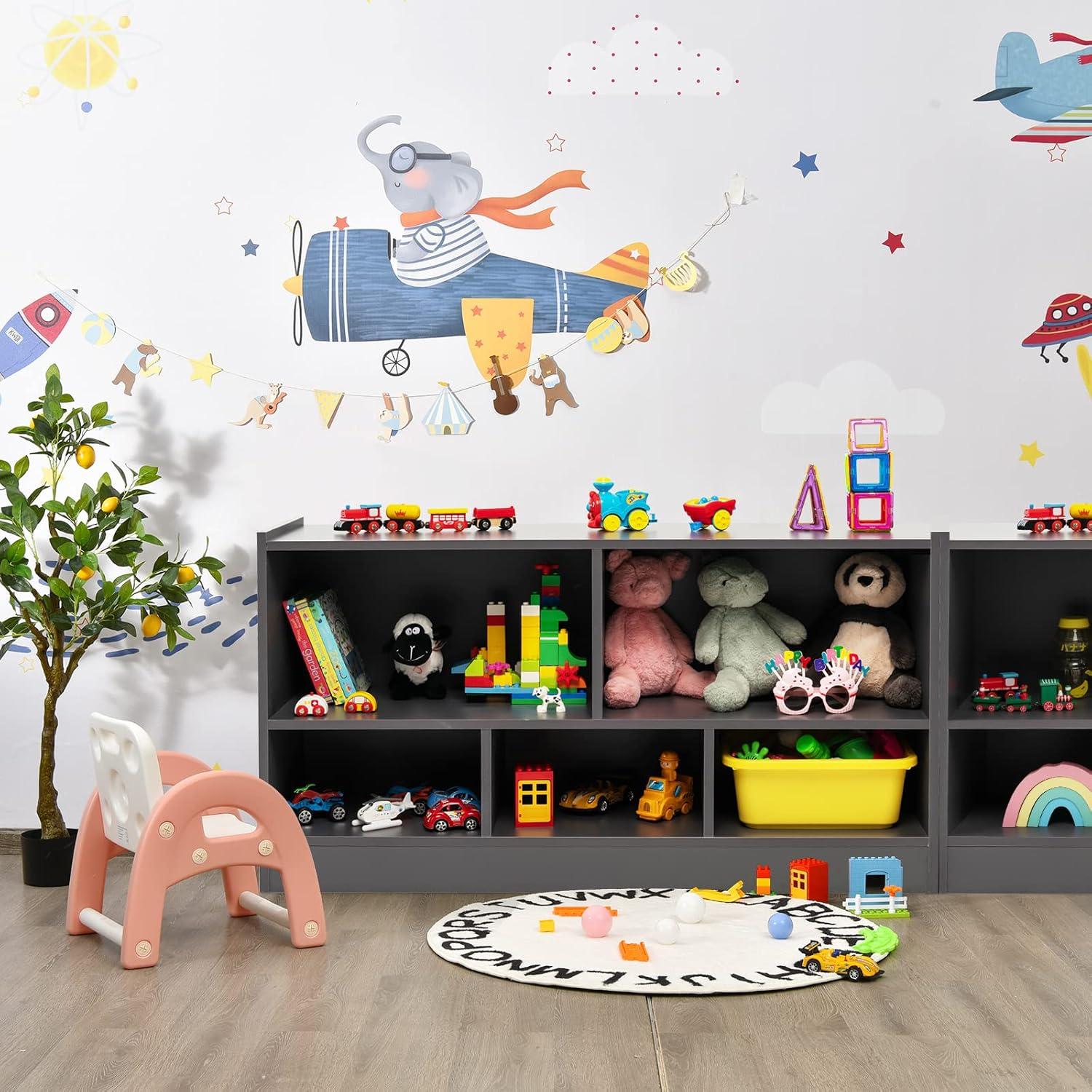 Costway Kids 2-Shelf Bookcase 5-Cube Wood Toy Storage Cabinet Organizer Grey