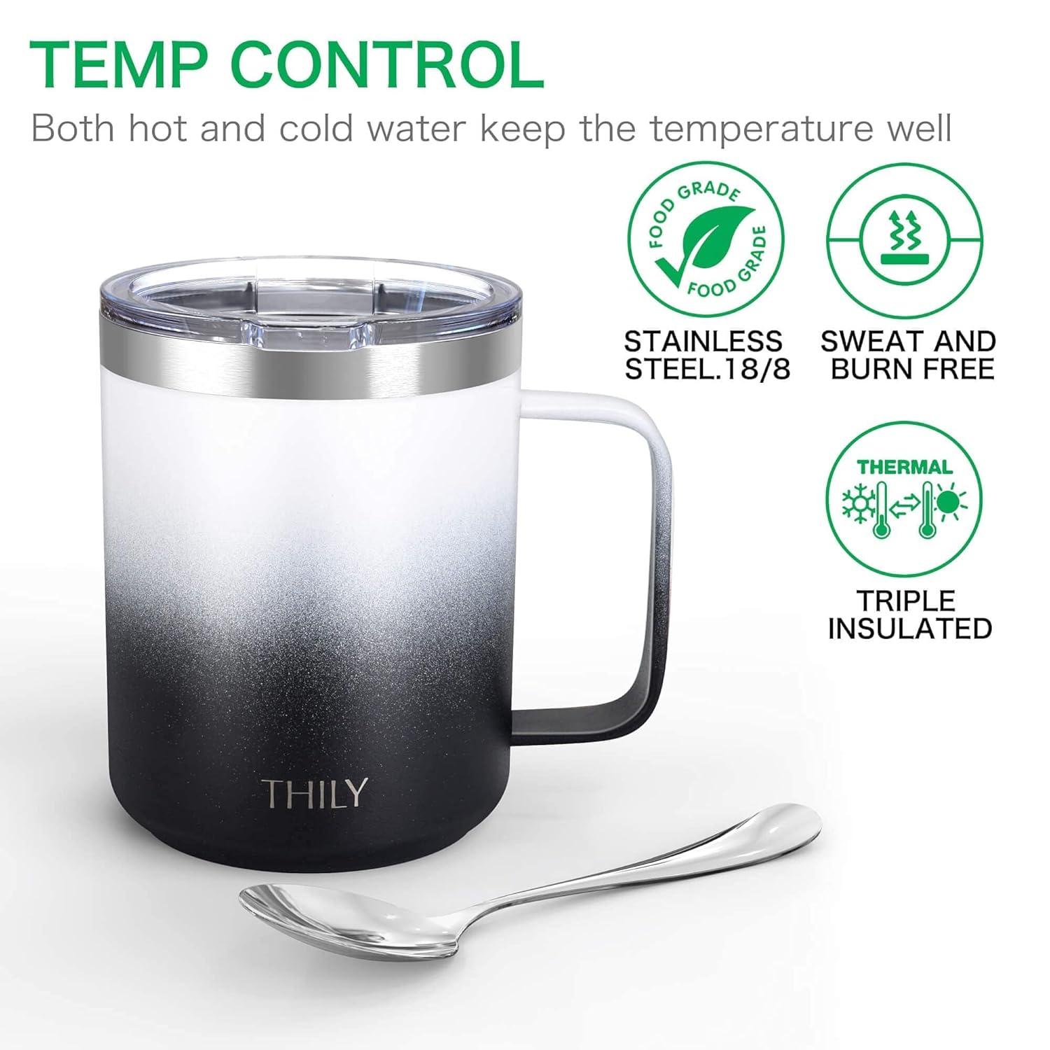 Vacuum Insulated Travel 12 oz Coffee Mug with Handle, THILY Stainless Steel Cup with Spill-Proof Lid, Keep Coffee Cold, Great for Camping, White Marble