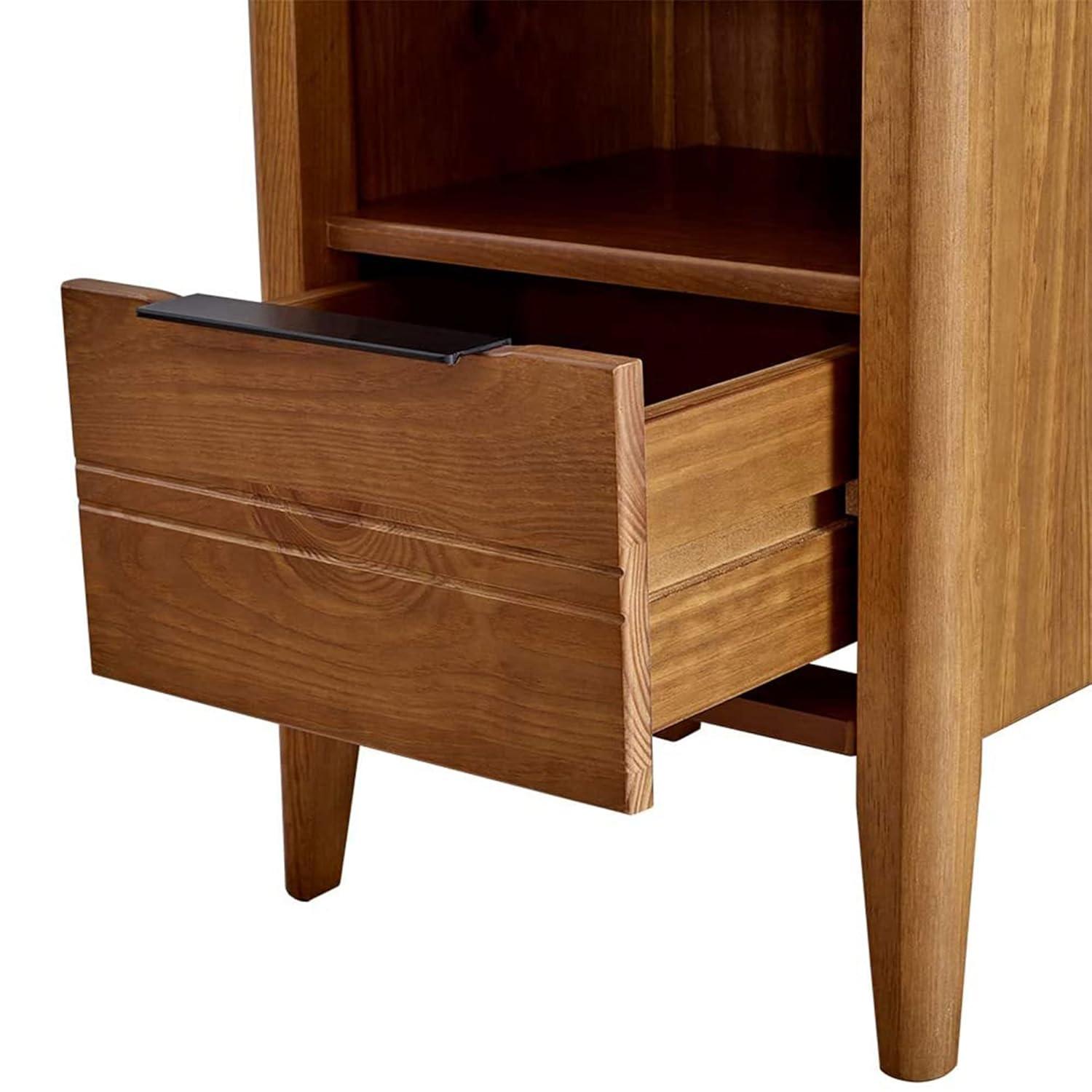 MUSEHOMEINC California Classic 1 Drawer Wooden Bedroom Nightstand Living Room End Table with Open Cabinet and Tapered Legs, Honey Brown