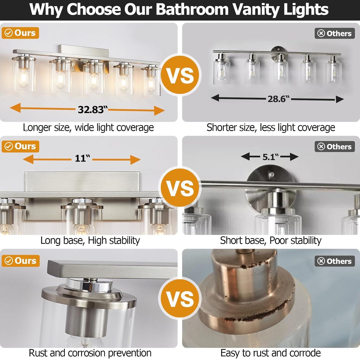 3-Light Brushed Nickel Wall Sconces for Bathroom, Modern Vanity Light Fixtures Over Mirror, Wall Lamp with Clear Glass Shade, E26 Wall Sconces Over Mirror for Bathroom, Living Room, Hallway