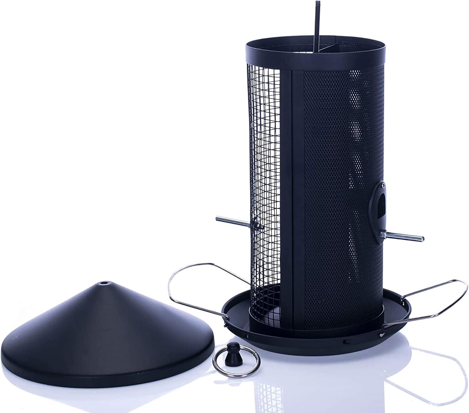 Matte Black Heavy Duty Metal Hanging Bird Feeder with Dual Nut and Seed Compartments