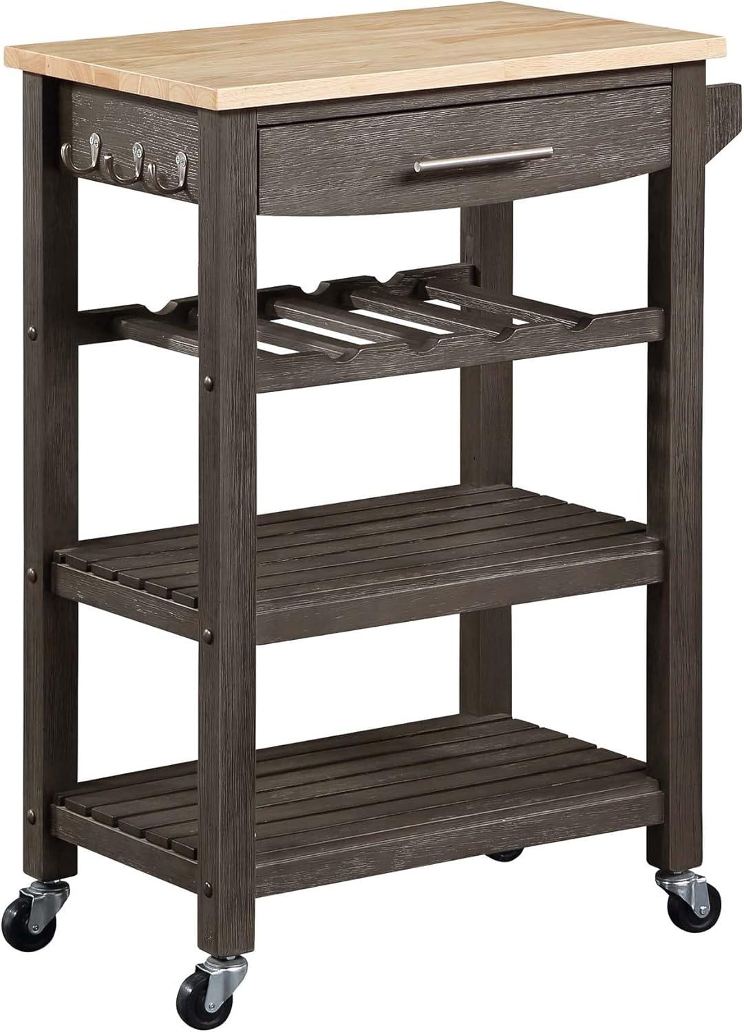 Gray Rubberwood Butcher Block Kitchen Cart with Wine Rack