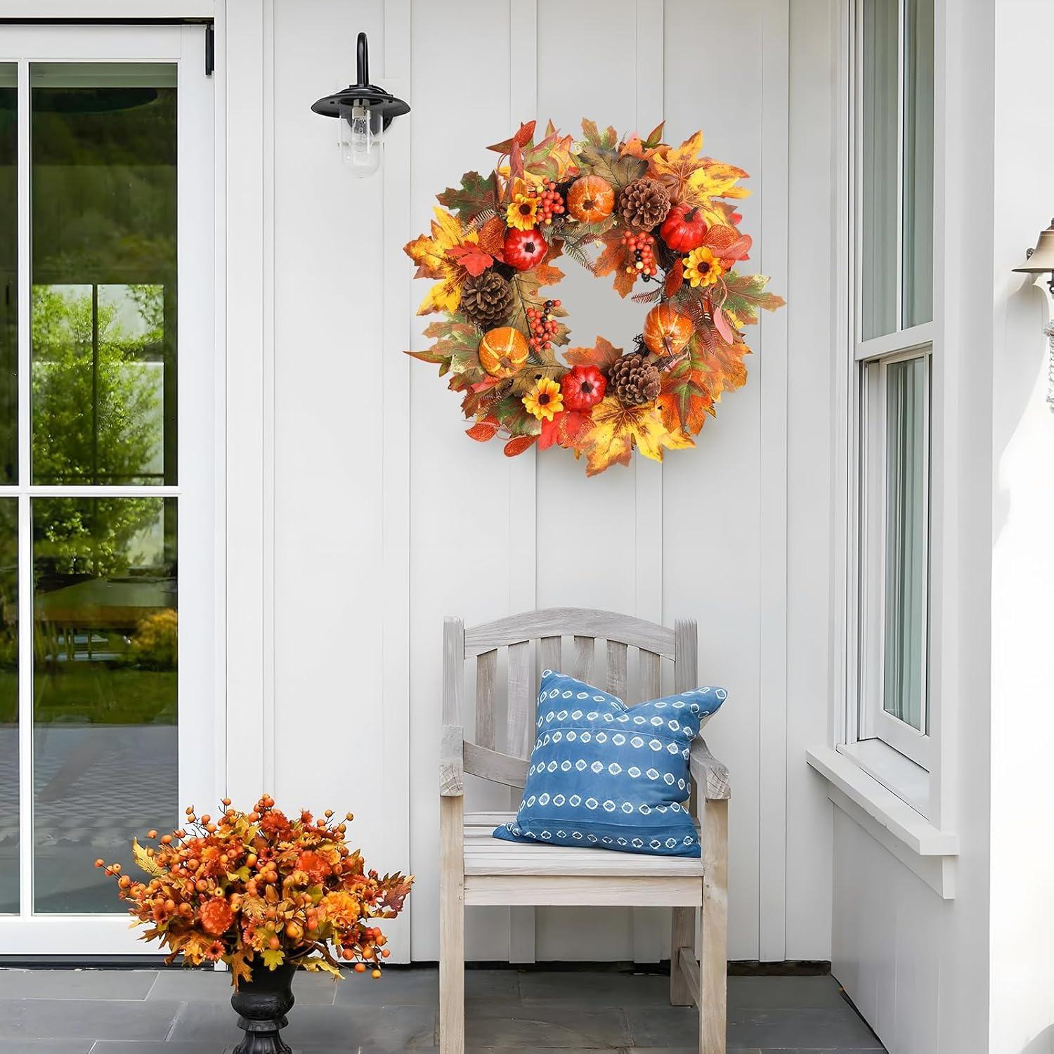 Fall Wreath 20’’ Autumn Front Door Wreath Harvest Wreath with Sunflower Pumpkins Berries Maple Leaves Daisies for Outside Indoor Home Wall Festival Thanksgiving Autumn Farmhouse Decor