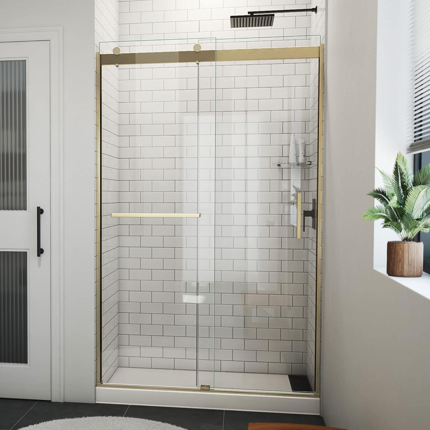 Sapphire-V 48 in. Gold and Clear Glass Sliding Shower Door