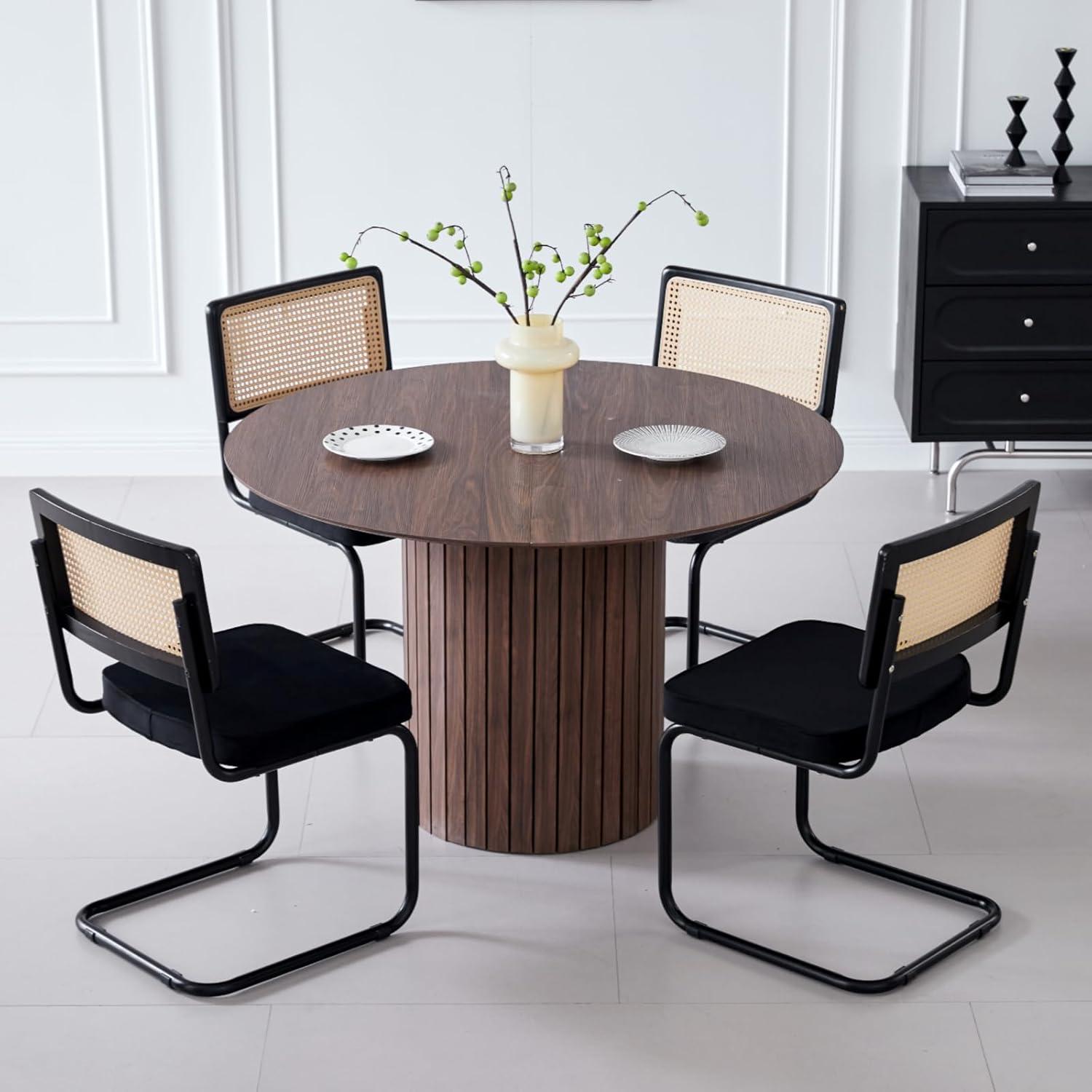 Black Rattan and Cane Upholstered Dining Chairs, Set of 2