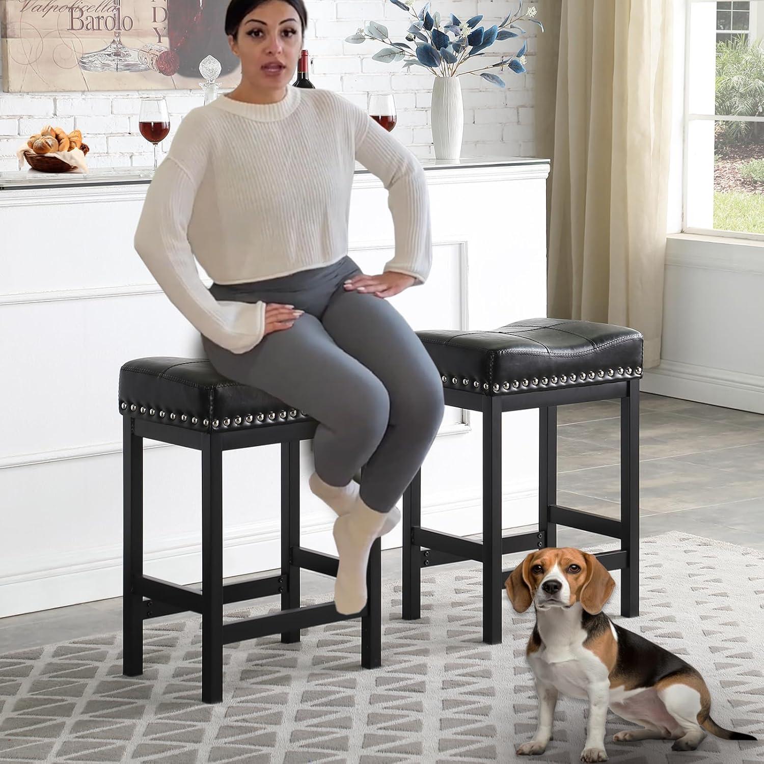 edx Bar Stools Set of 4, Modern Counter Height, 24 Inch Kitchen Barstools with Metal Base, PU Leather Saddle Seats for Kitchen Island, Black