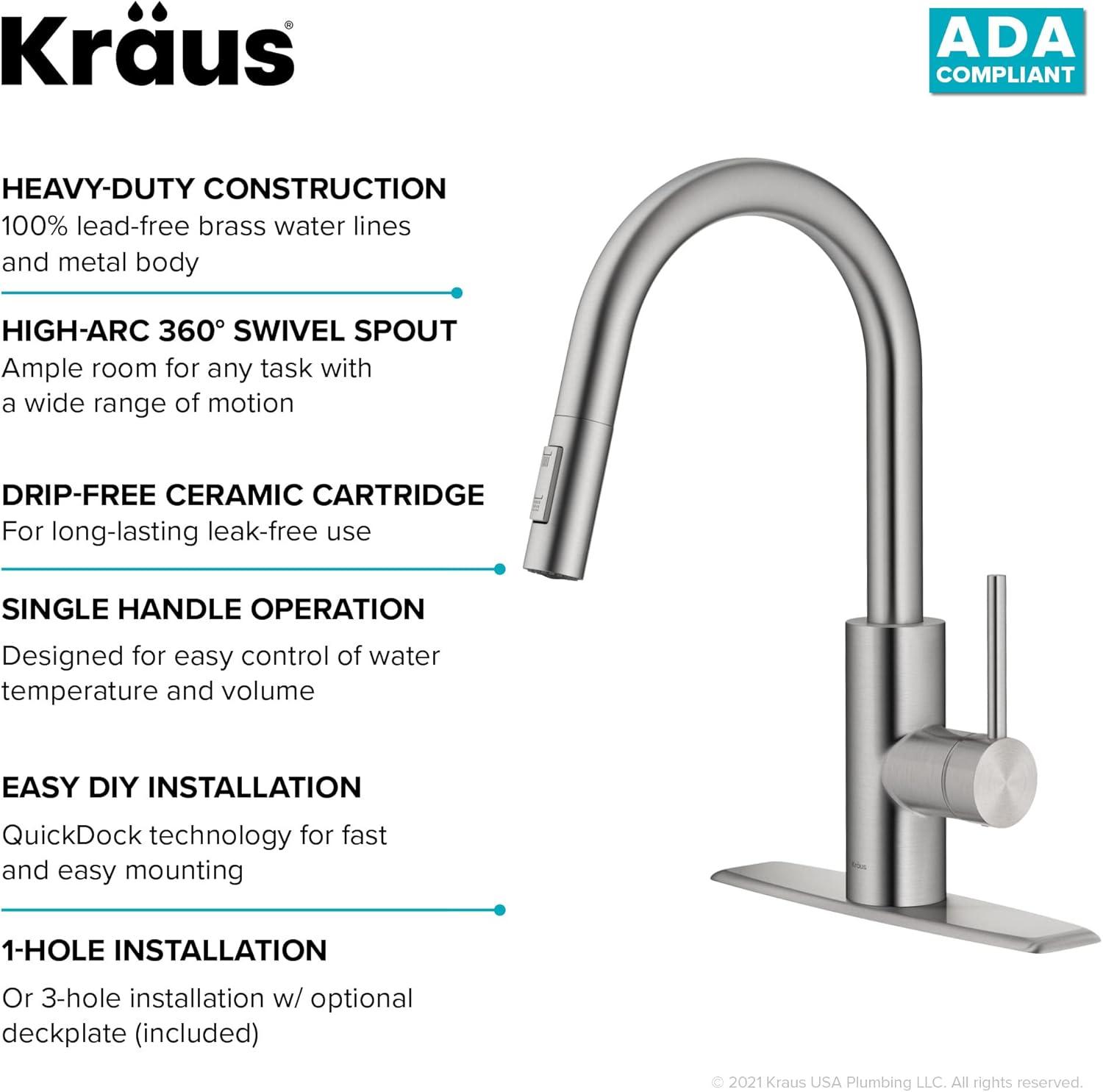 KRAUS Oletto Single Handle Pull Down Kitchen Faucet with QuickDock Top Mount Installation Assembly