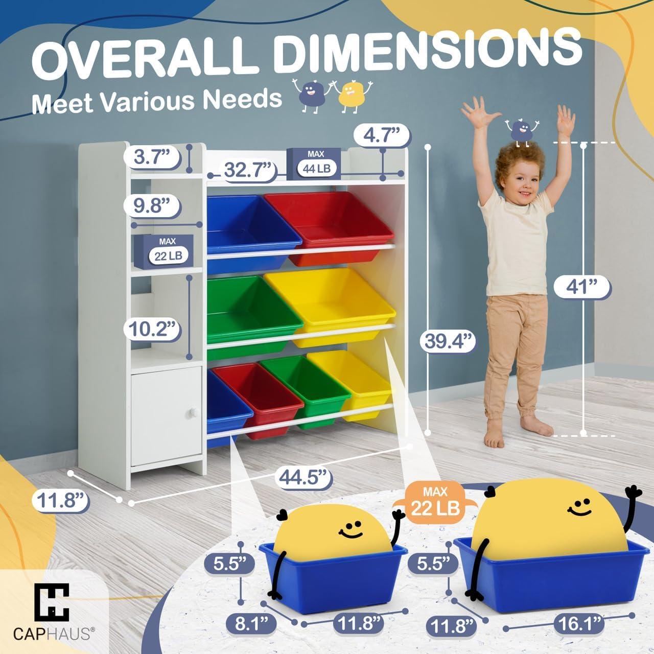 Sturdis Toy Storage Organizer with Bookshelf, Kids Playroom Organization Shelving Unit with Removable Colorful Storage Bins & Anti-Tip Bracket, White