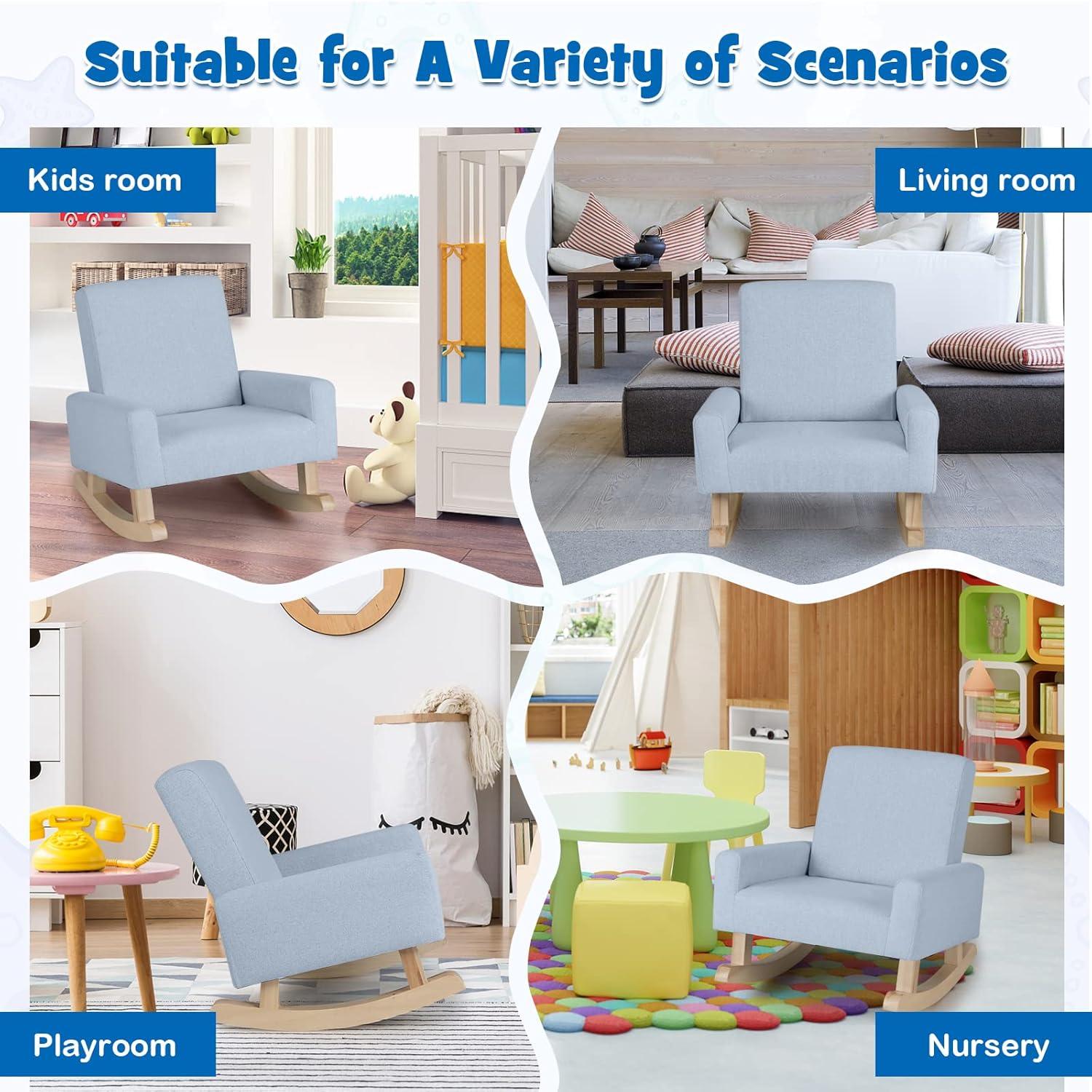 Infans Kids Rocking Chair Children Armchair Linen Upholstered Sofa w/ Solid Wood Legs