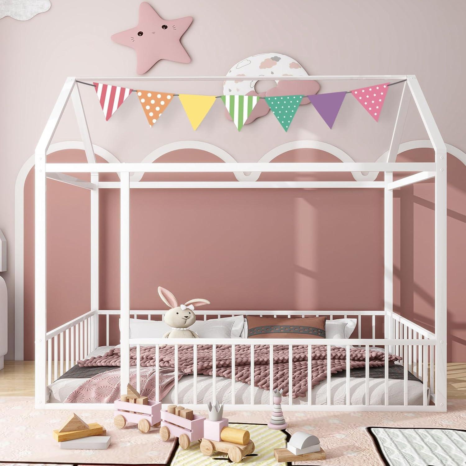 Ultimate Kids Comfort: HZANHY Twin Montessori Floor Bed, Rails, Playhouse Bed With Roof, Foot Pads