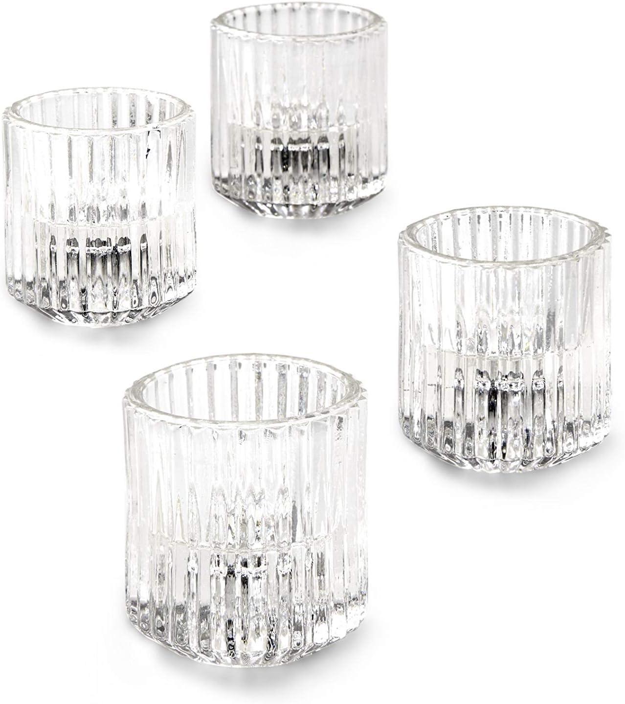 Serene Spaces Living Set of 4 Clear Ribbed Glass Tealight Holders, Perfect for Weddings and Home Décor, Measures 2.25" Tall and 2" Diameter