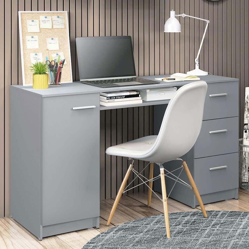 Gray Wood Gaming Desk with Drawer and Shelf